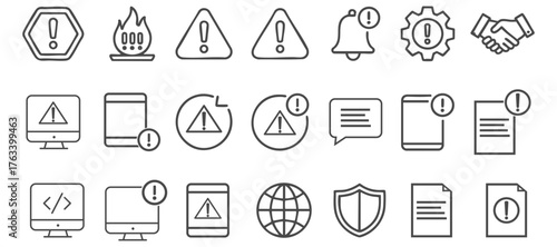 Set of warning and alert line icons including exclamation mark, error message, notification bell, shield, and security alert, vector illustration isolated