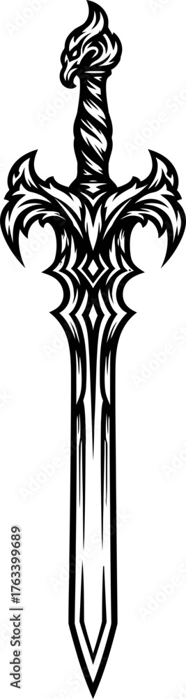 Fototapeta premium Ornate fantasy sword vector illustration, a decorative sharp-edged weapon, a symbol of power, war, battle, magic