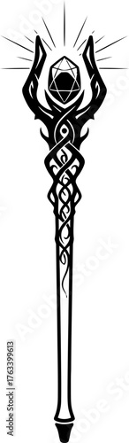 Black arcane magic staff with crystal and intricate knotwork design, fantasy wizard or sorcerer weapon. Vector illustration for game art, role play game icon