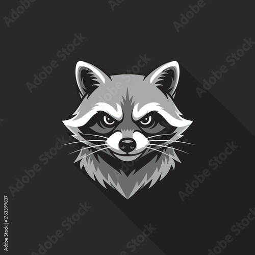 Raccoon Head Logo Design with Long Shadow on Dark Background.