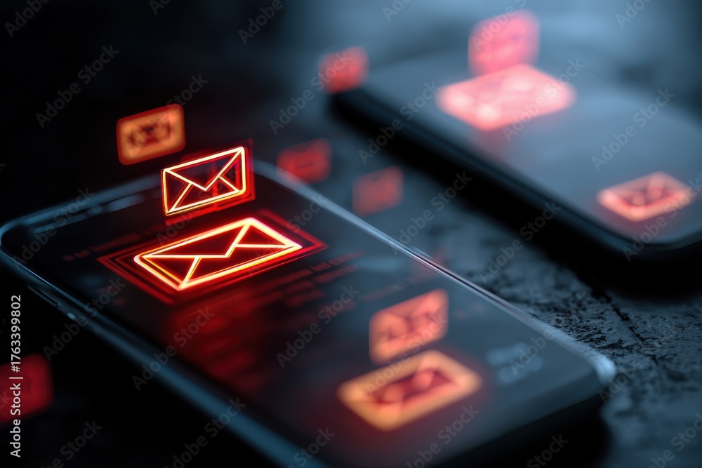 Obraz premium Close-Up of Mobile Phone Screens Displaying Glowing Red Envelope Icons: Digital Communication, Alert Systems, and Cyber Security Themes on Modern Devices