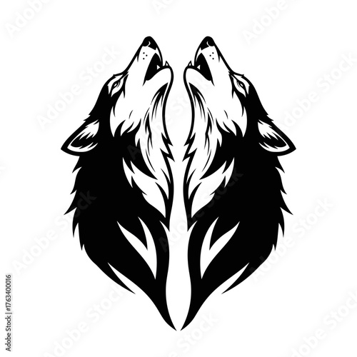 Two howling wolves black and white illustration.