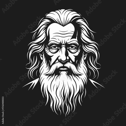 Wise Old Man with Long Hair and Beard.