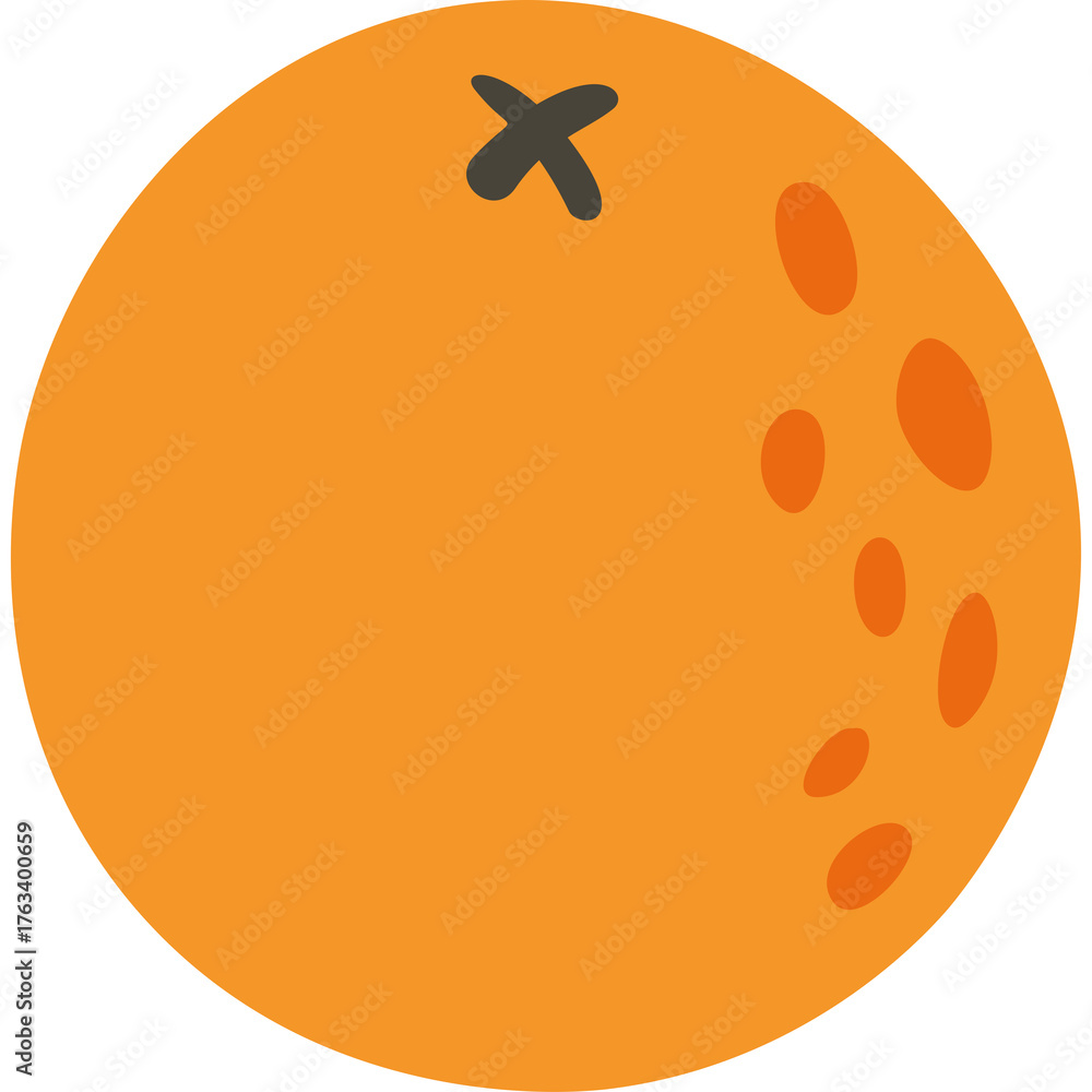 Fototapeta premium A simple cartoon illustration of a round orange fruit with a dark brown stem and dark spots on its surface against a transparent background, representing healthy eating and natural ingredients.