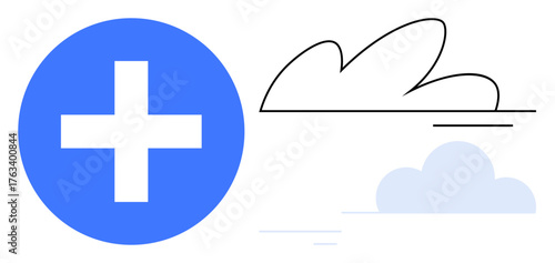 Blue cross next to abstract cloud shapes in a minimalist design. Ideal for health, wellness, sustainability, medical care, clean energy, cloud computing, positivity themes. A simple flat metaphor