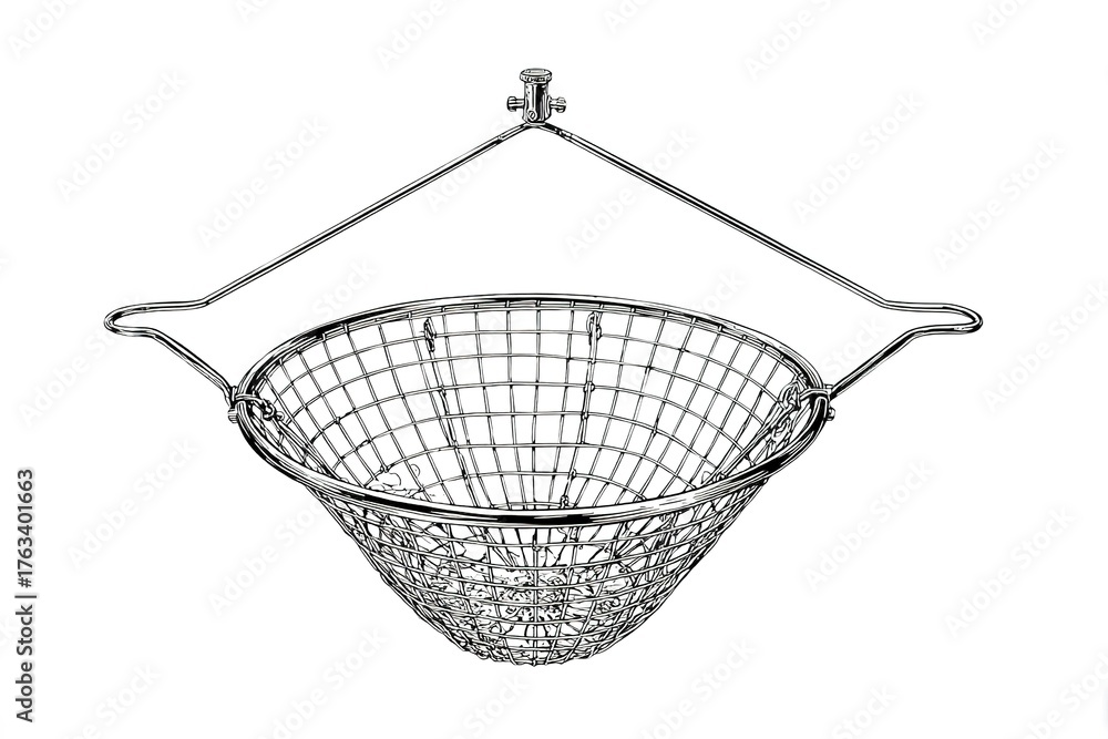 Obraz premium Wire basket designed for frying food, suitable for home kitchens and professional restaurants, adjustable for various pot sizes