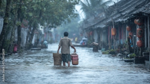 Flooded street with a man wading through water carrying baskets on a cloudy day