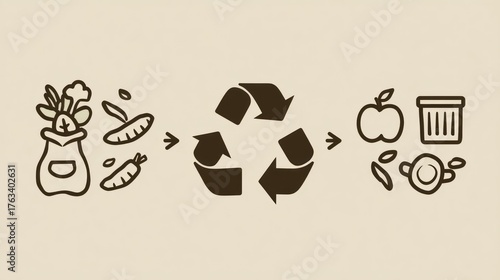 Food waste recycling process shown with brown sketch icons, from vegetables to compost