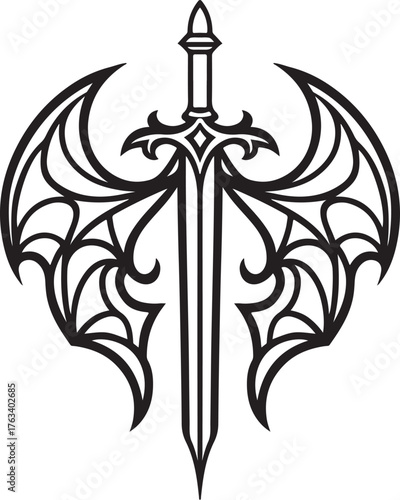 Stylized Black and White Sword Illustration with Ornate Bat Wings – Gothic Fantasy Design