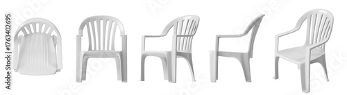White plastic chair in multiple views isolated on a white background