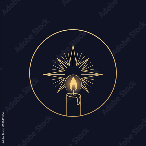 Elegant golden candle with starburst in a circle on dark background.