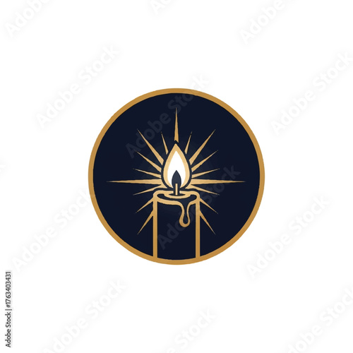 Candle with flame in a dark blue circle with gold trim and rays.