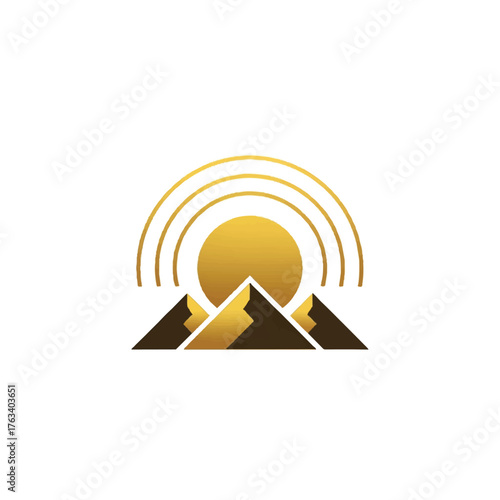 Illustration of mountains with a sun rising behind them, in gold and brown tones.