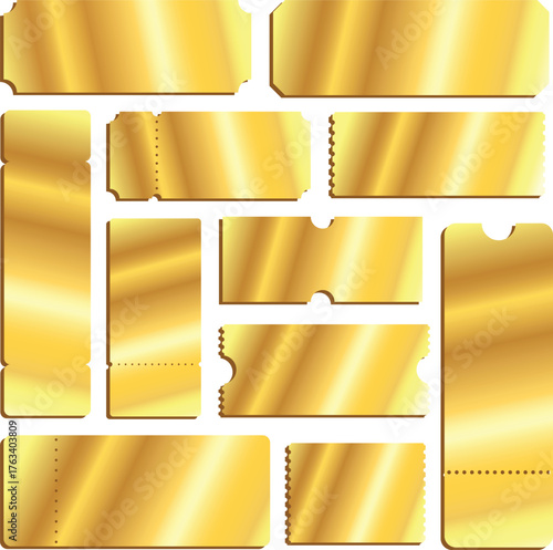 Set of Golden Blank Tickets and Vouchers Templates. A collection of premium metallic gold design elements for events, admission, raffles, coupons, or gift certificates with various shapes