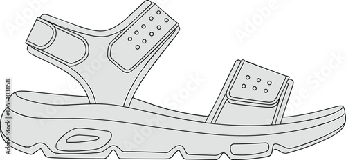 Sandal line drawing, adjustable straps, thick sole, Velcro closure, comfort design, footwear sketch, fashion template, outdoor shoe mockup