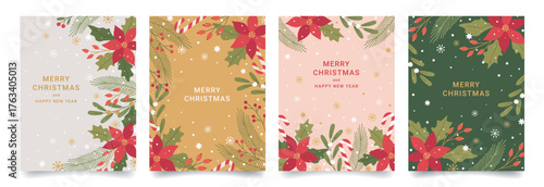 Merry Christmas greeting cards set. Beautiful Xmas design with hand drawn fir branches, poinsettia flowers, snow, mistletoe, floral frames, snowflakes. Perfect for poster, holiday cover, banner.