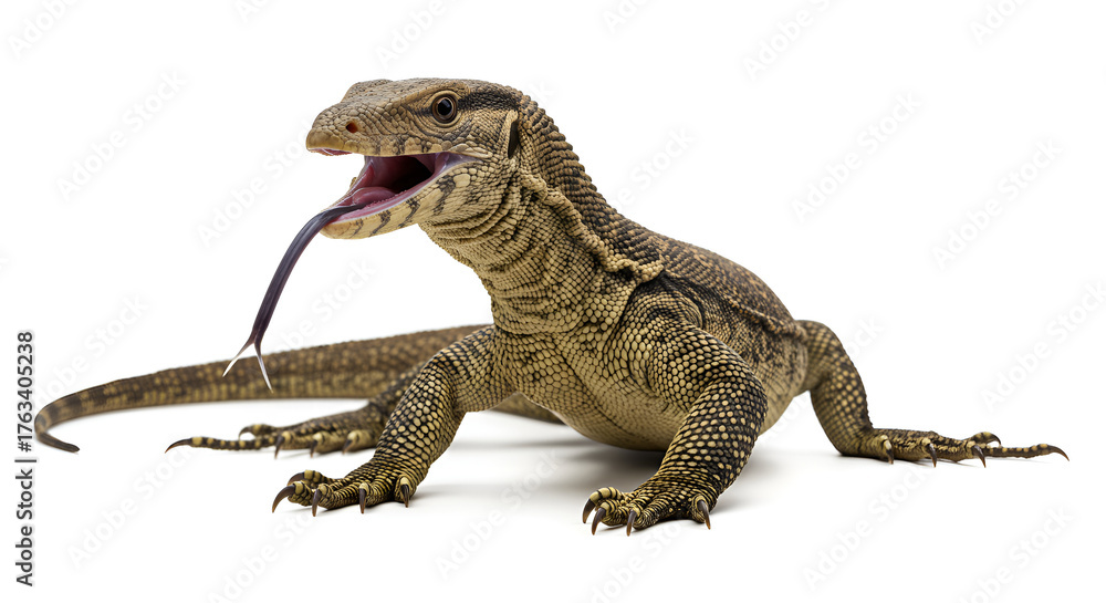 Obraz premium A large monitor lizard sticks out its tongue against a clean white background, showing detailed scales and a fierce expression.