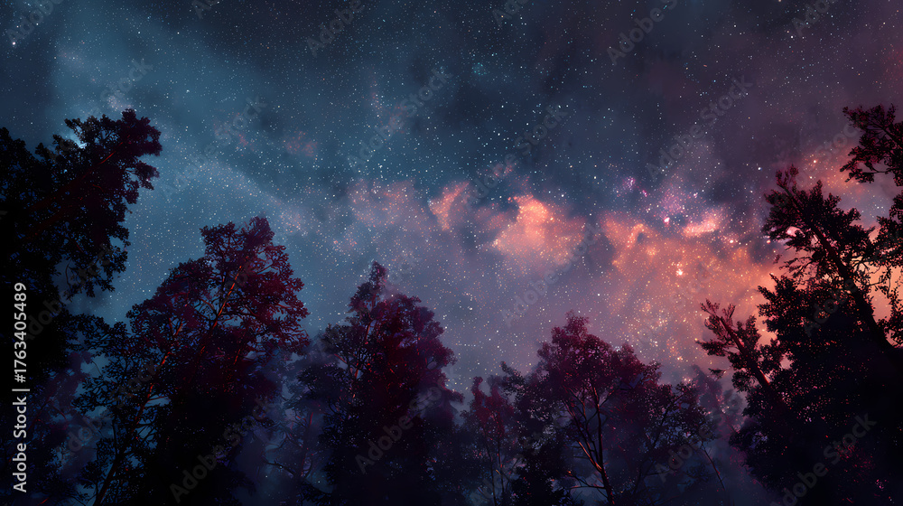 Naklejka premium A mesmerizing view of the starry night sky over the forest