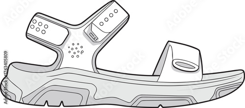Sandal technical drawing, footwear design sketch, casual shoe outline, product illustration vector, cad rendering, minimal style, comfort sole detail