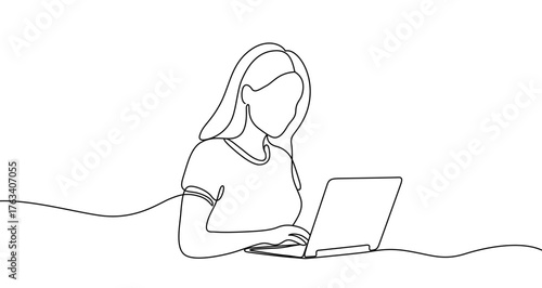 Woman working on a laptop in one line art style. Drawing of a faceless person using a computer with editable black stroke on a white background. Vector illustration.