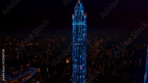  Futuristic Cityscape at Night with Neon Towers and Glowing Skyscrapers
