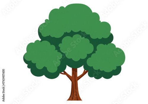 Isolated cartoon tree with lush green foliage and brown trunk in a simple design style