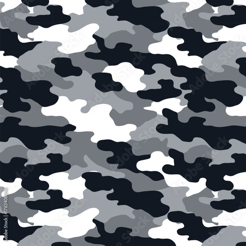 Camouflage Seamless Pattern. Black, Gray, and White. 4th of July, USA Independence day, Americana Backdrop. Vector Template For Fabric, Textile, Wallpaper, Wrapping Paper