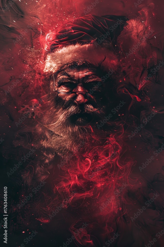Fototapeta premium Dark surreal Santa Claus with deep red tones, golden glow, and mysterious fine art lighting. A luxurious, elegant, and dreamlike interpretation of the classic Christmas figure.