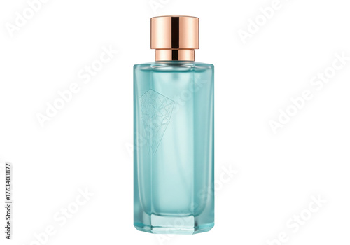 Принти на полотні Isolated light blue glass perfume bottle with copper-colored atomizer, aromather