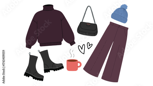 Flat Lay Outfit Collection with Winter Accessories and Hot Drink fashion clothing
