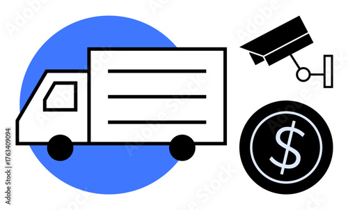 Delivery truck near a security camera and dollar coin, highlighting safety, monetary transactions, transport. Ideal for logistics, shipping, financial services, security, e-commerce surveillance