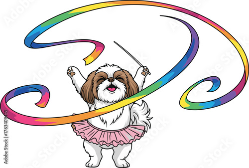 Shih Tzu rhythmic gymnastics illustration, cartoon dog in tutu with rainbow ribbon, funny pet artwork, whimsical dance design, vector performance background