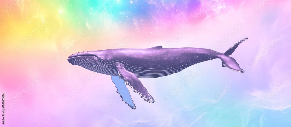 Fototapeta premium Humpback Whale Gracefully Swimming Through a Colorful Celestial Dreamscape