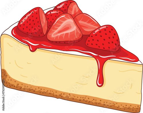Delicious strawberry cheesecake slice with red glaze on a white background