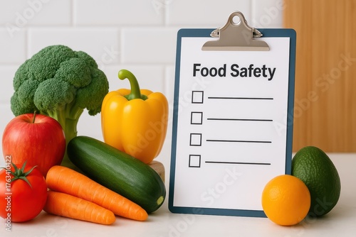 Ensuring food safety vegetables and checklist for healthy eating kitchen infographic bright setup