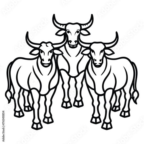 trio of intimidating bull figures, mythical creatures, dark silhouettes, monochrome line art, minimalist design, bold black and white illustration
