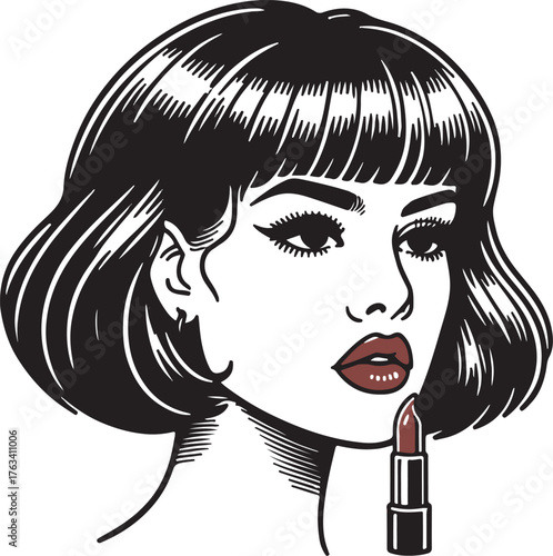 Retro 90s female face, bob haircut with bangs, lipstick detail, minimalist vector outline