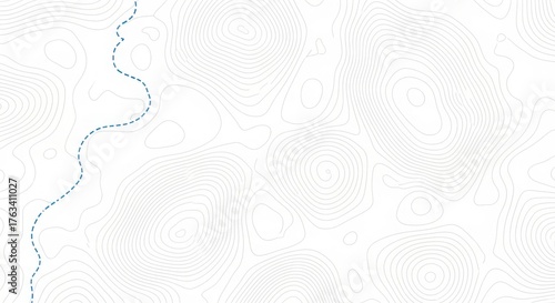 Abstract topographic map with contour lines and a dashed blue line representing a river or stream
