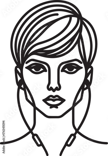 2025 minimalist portrait face with short hair and earphones, neutral emotion, sleek vector line style