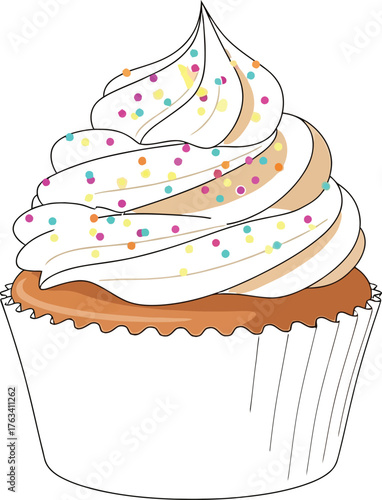 Delicious cupcake with creamy frosting and colorful sprinkles illustration