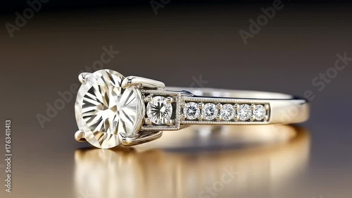 Stunning Diamond Engagement Ring with Pave Set Band on Reflective Surface.