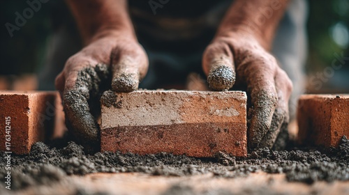 Craftsman laying bricks with mortar, creating a strong structure. Hands covered in construction material. Building something solid and lasting.