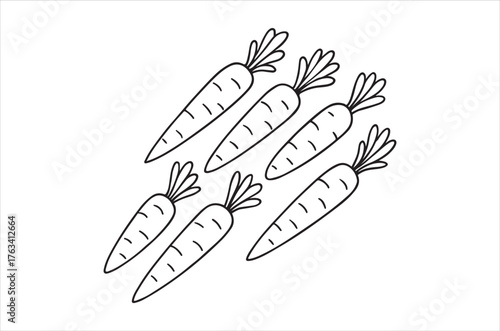 Simple doodle illustration depicting six orange carrots with green leafy tops
