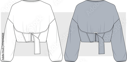 Women's sweatshirt with waist belt detail fashion technical drawing, illustration. Front view, vector. CAD, Mockup set.