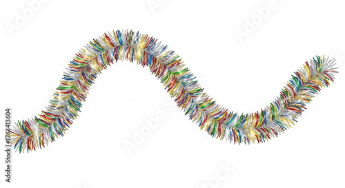 Colorful festive tinsel garland on white background for New Year, Christmas  