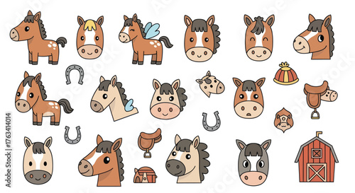 Cute cartoon horses and barnyard accessories, perfect for kids' designs and playful themes