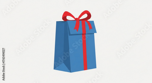 Blue gift box with red ribbon on neutral background for New Year, Christmas  