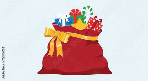 Red sack filled with colorful gifts for New Year, Christmas  