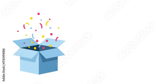 Blue box with colorful confetti popping out for New Year, Christmas  