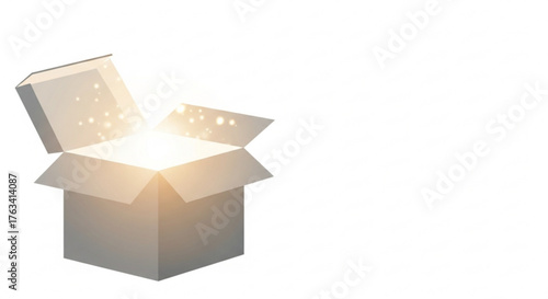 Open box with glowing light emanating from inside the package, concept of New Year, Christmas  